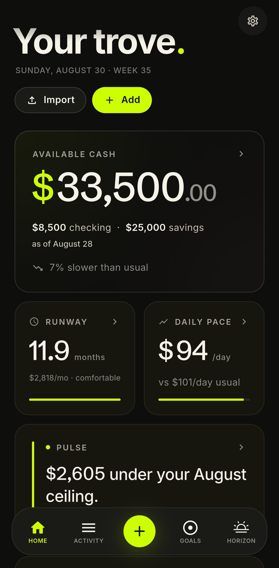 Trove dashboard with available cash, runway, and spending pace